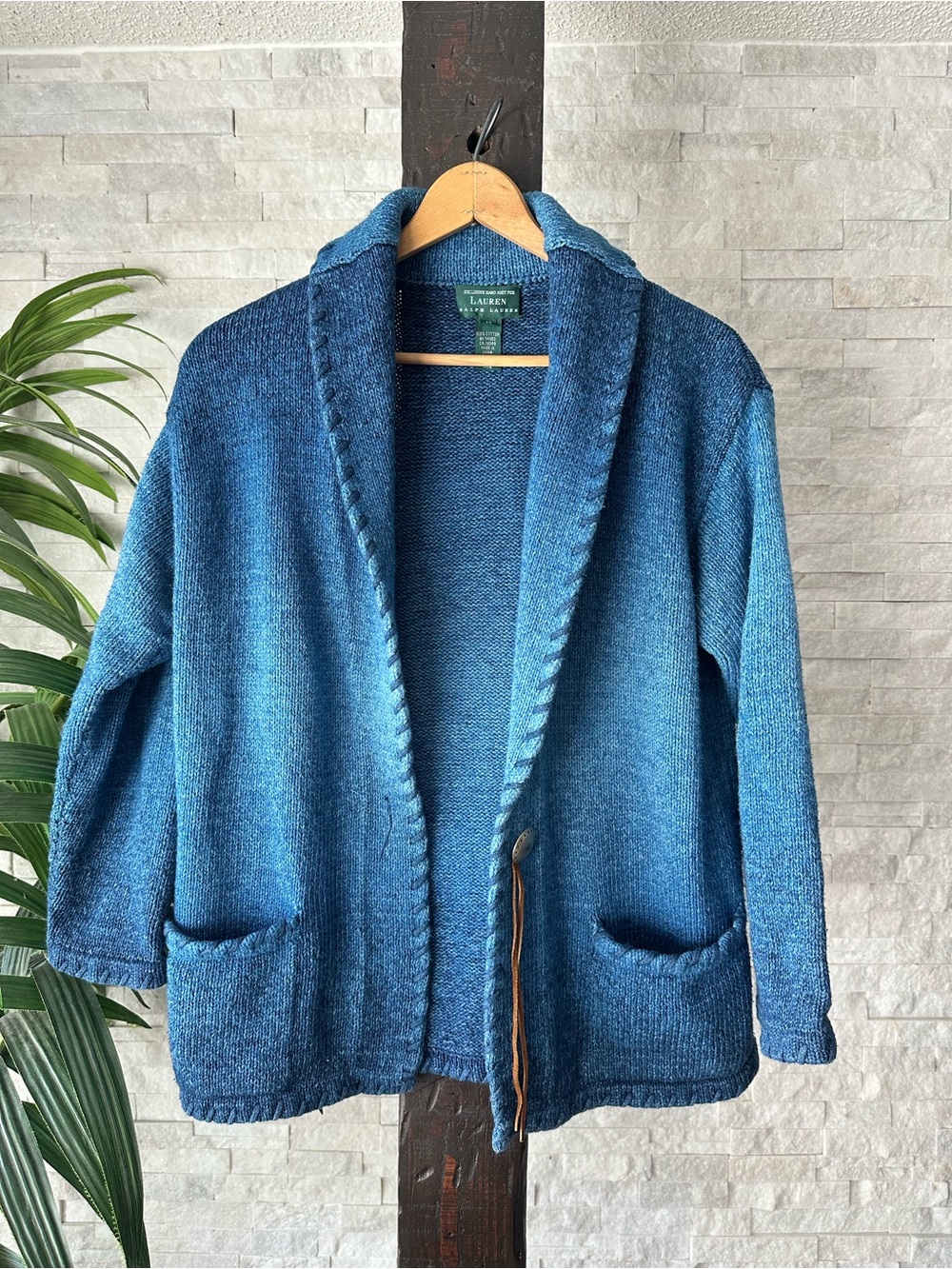 Ralph Lauren Vintage Ombre Blue Cotton Shawl Collar Knit Sweater Jacket Size M